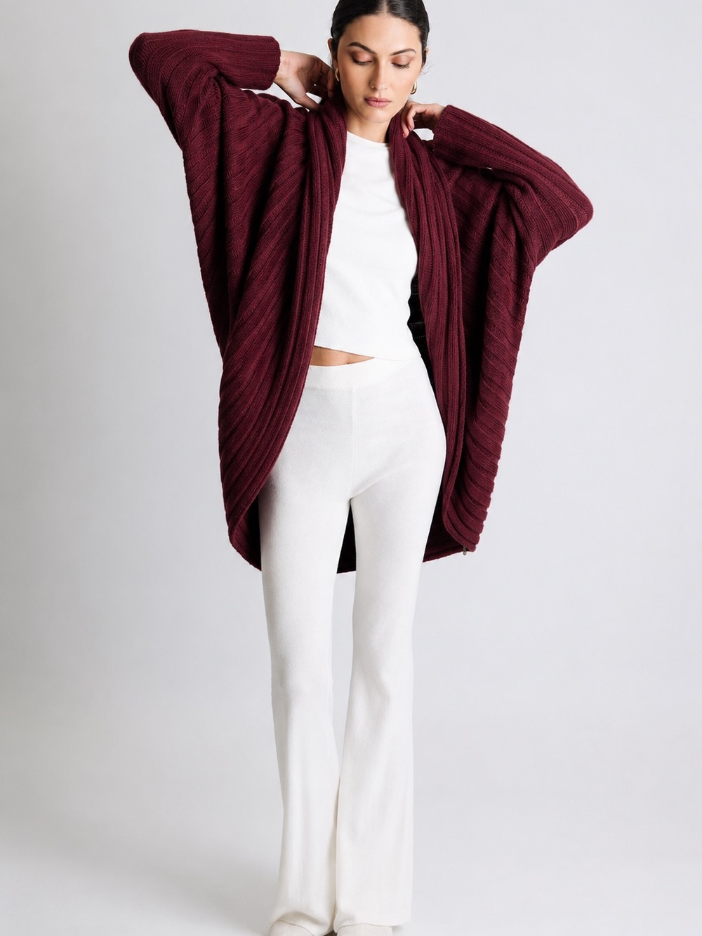 Beryll Maroon Cocoon Cashmere Blend Ribbed Cardigan | Luxury Oversized Wrap
